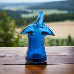 Vintage Art Glass Hand Blown Cobalt Blue Basket Vase With Applied Handle